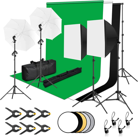 EMART Fotostudio-set, 2,6 m x 3 m, fotostudio achtergrondsysteem met 3 achtergronden + standaard + softbox set + reflector 5-in-1 + paraplu's voor fotostudio, productportret, video fotografie