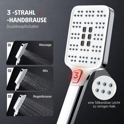 Doucheset – Regendoucheset – Doucherails – Douchekop Vierkant – 30,5 cm – RVS & Chroom – 3 Straalsoorten Handdouche – Verstelbare Stang 80-108 cm
