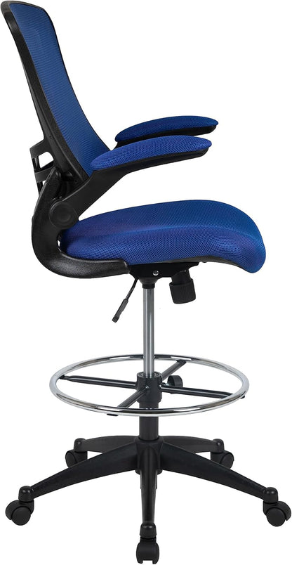 Flash Furniture Tekenstoel met middelhoge rugleuning, ergonomische bureaustoel met opklapbare armleuningen en verstelbare voetring, perfect voor thuiskantoor, blauw