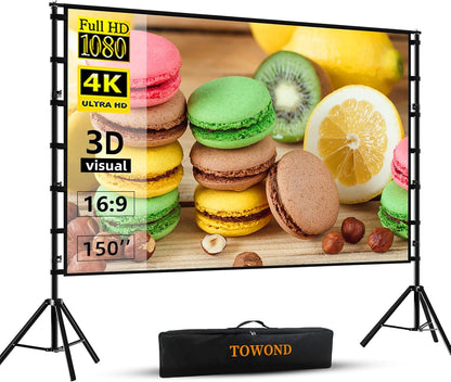 Projectiescherm en standaard, Towond 150 inch buitenprojectiescherm Draagbaar 16:9 HD Achter Voor Tuin Filmscherm met Draagtas Kreukvrij Verdikte Beugels Ontwerp voor Achtertuin Cinema