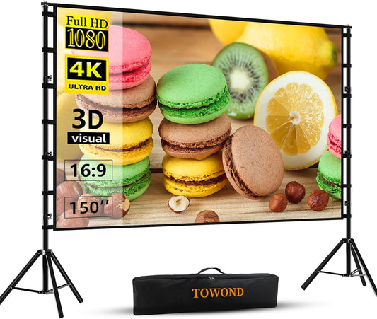 Projectiescherm en standaard, Towond 150 inch buitenprojectiescherm Draagbaar 16:9 HD Achter Voor Tuin Filmscherm met Draagtas Kreukvrij Verdikte Beugels Ontwerp voor Achtertuin Cinema