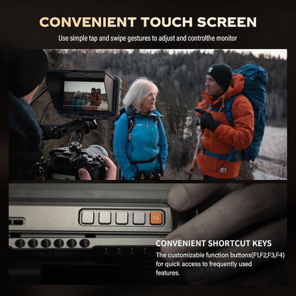VILTROX DC-X3 Touchscreen monitor voor veldcamera, professionele monitor voor 6 inch camera, 2000 nits, 4K HDMI 1.4/3G-SDI, fotomonitor met zonneklep, batterij, motorkap, USB A, 3D, lut