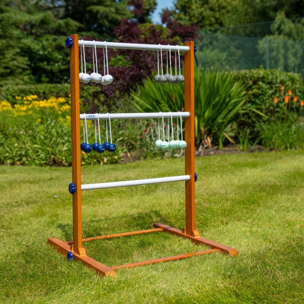 Uber Games Ladder Golfspeelset, hoogwaardig ladder-tuinspel van rubberhout, 12 bolas-ballen van echt goud, draagtas en opbergtas van zeildoek