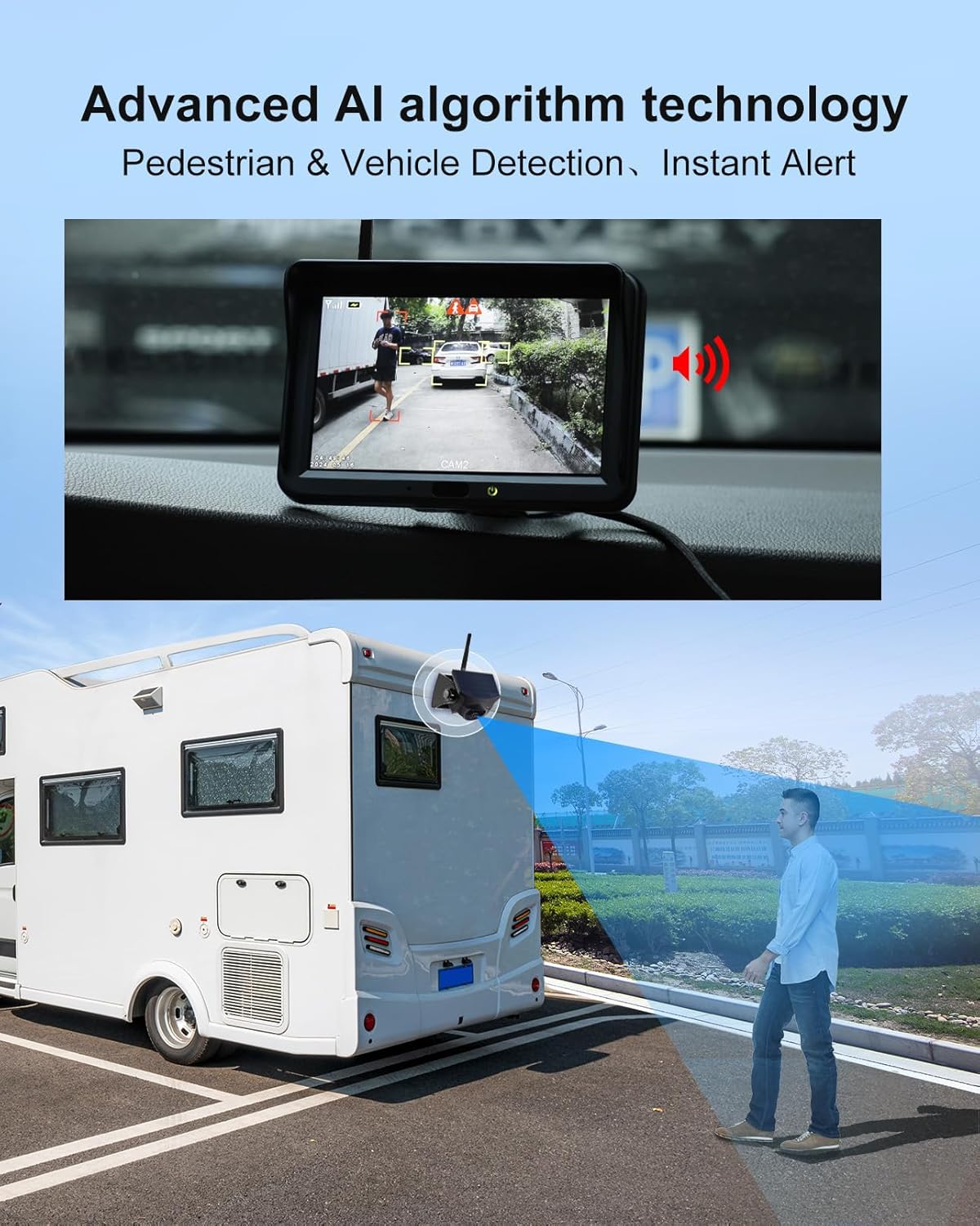 Magnetische zonne-aangedreven draadloze achteruitrijcamera: KI-voetganger- & voertuigherkenning, 1-min installatie, geen bedrading / boren, gebarenbediening, nachtzicht, 5 inch monitor voor campers