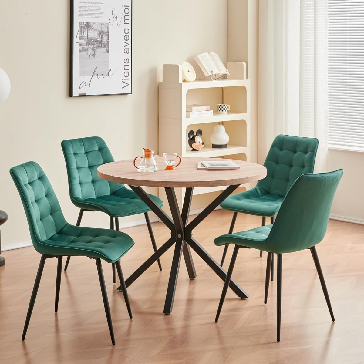 GrandCA HOME Eetkamerstoelen, set van 4, keukenstoel, fluwelen eetkamerstoel, fluwelen kussens en metalen poten, geschikt voor woonkamer/eetkamer/keuken/slaapkamer/kantoor (donkergroen, 4)