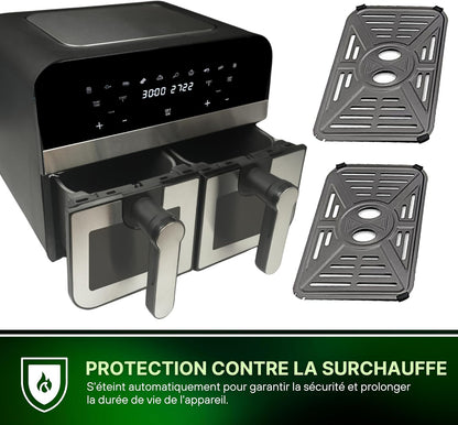 Comfy Nest, CNAFD45WS, 2400 W digitale heteluchtfriteuse met dubbele mand en 9 liter venster, gezond en snel koken, modern design, ideaal voor elke keuken, grijs