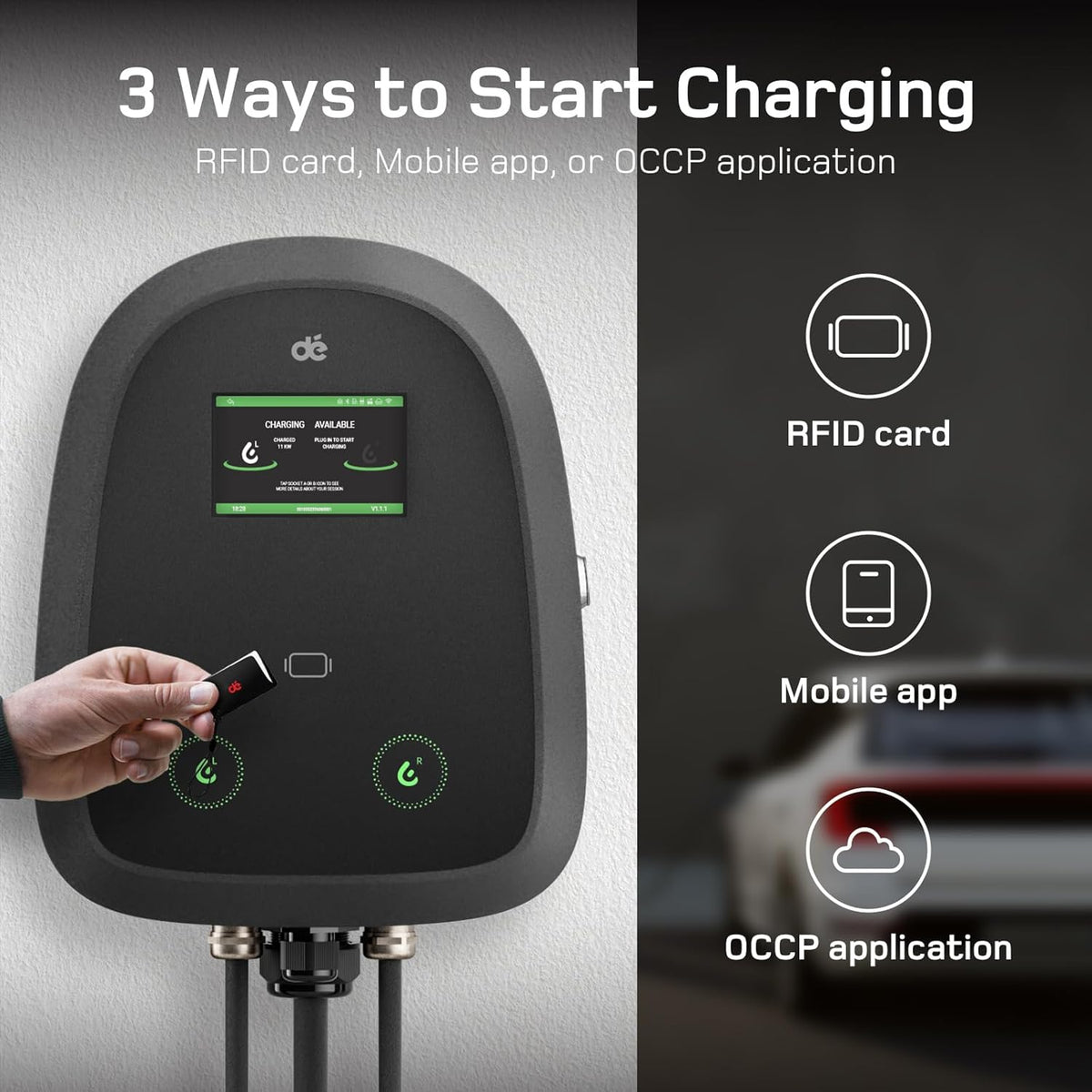 dé Dual-Cable Wallbox 2×11kW [7m+10m, 6-16A, 3-Fase] EV Oplader 11kW met Twee Type 2 Laadkabel met APP, RFID en OCPP-protocollen, Wallbox 11kW Gelijktijdig Opladen van Twee Auto’s, voor BEV/PHEV.