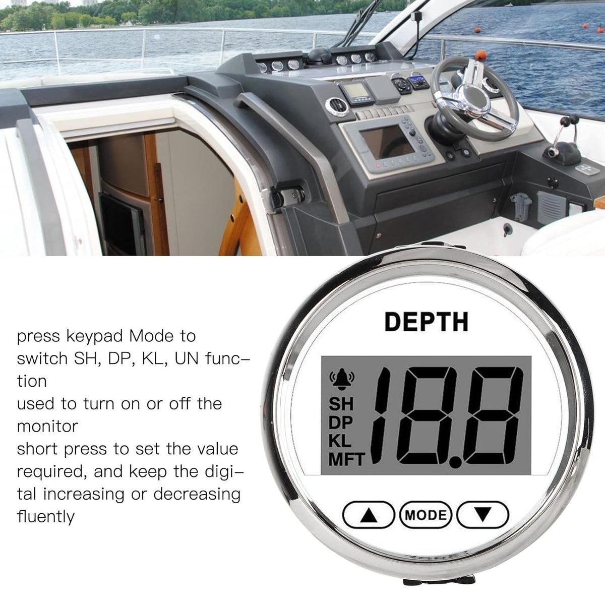 9‑32V Bootdieptemeter, Waterdichte Dash-dieptezoeker-transducer met Witte Achtergrondverlichting voor Jachtboten Boot/jacht onderdelen en accessoires