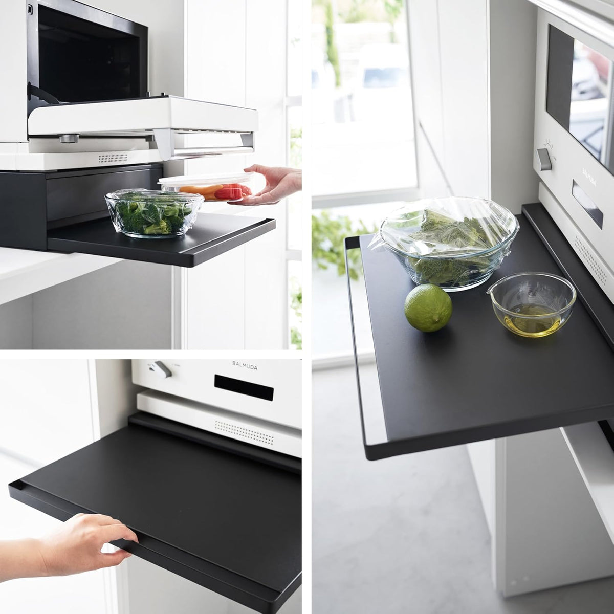 Yamazaki 2008 TOWER Sliding Countertop Tray with Drawer, black, Steel/Polypropylene/Silicone, 45 x 39.3~64 x 13.5 cm