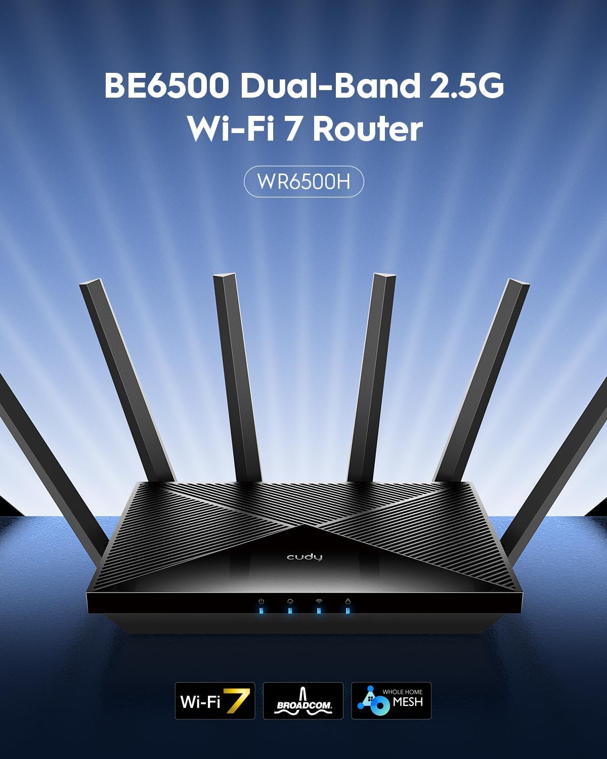 Cudy BE6500 WiFi 7-router Dualband-gamingrouter, 2,5G-WAN-poort, 6500 Mbit/s, VPN-client en -server, Cudy-app en mesh-compatibel, Broadcom 2 GHz quad-core CPU, WR6500H