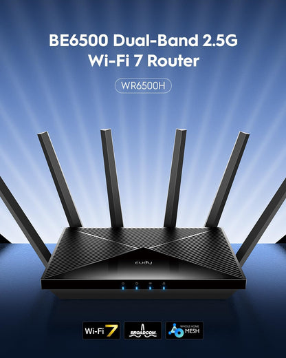 Cudy BE6500 WiFi 7-router Dualband-gamingrouter, 2,5G-WAN-poort, 6500 Mbit/s, VPN-client en -server, Cudy-app en mesh-compatibel, Broadcom 2 GHz quad-core CPU, WR6500H