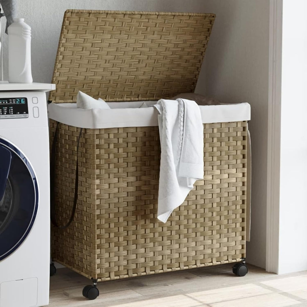 Gecheer Laundry Basket with Wheels, 60 x 35 x 60.5 cm, Rattan, Laundry Basket, Laundry Basket, Laundry Basket for Baby Clothing, Bed Linen, Shoes 372039 - QUORE