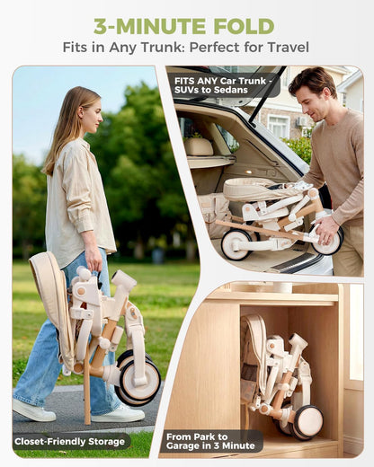 aiwo 7in1 Opvouwbare driewieler voor peuters 1-3, multifunctionele peuter push bike wandelwagen, lichtbruin