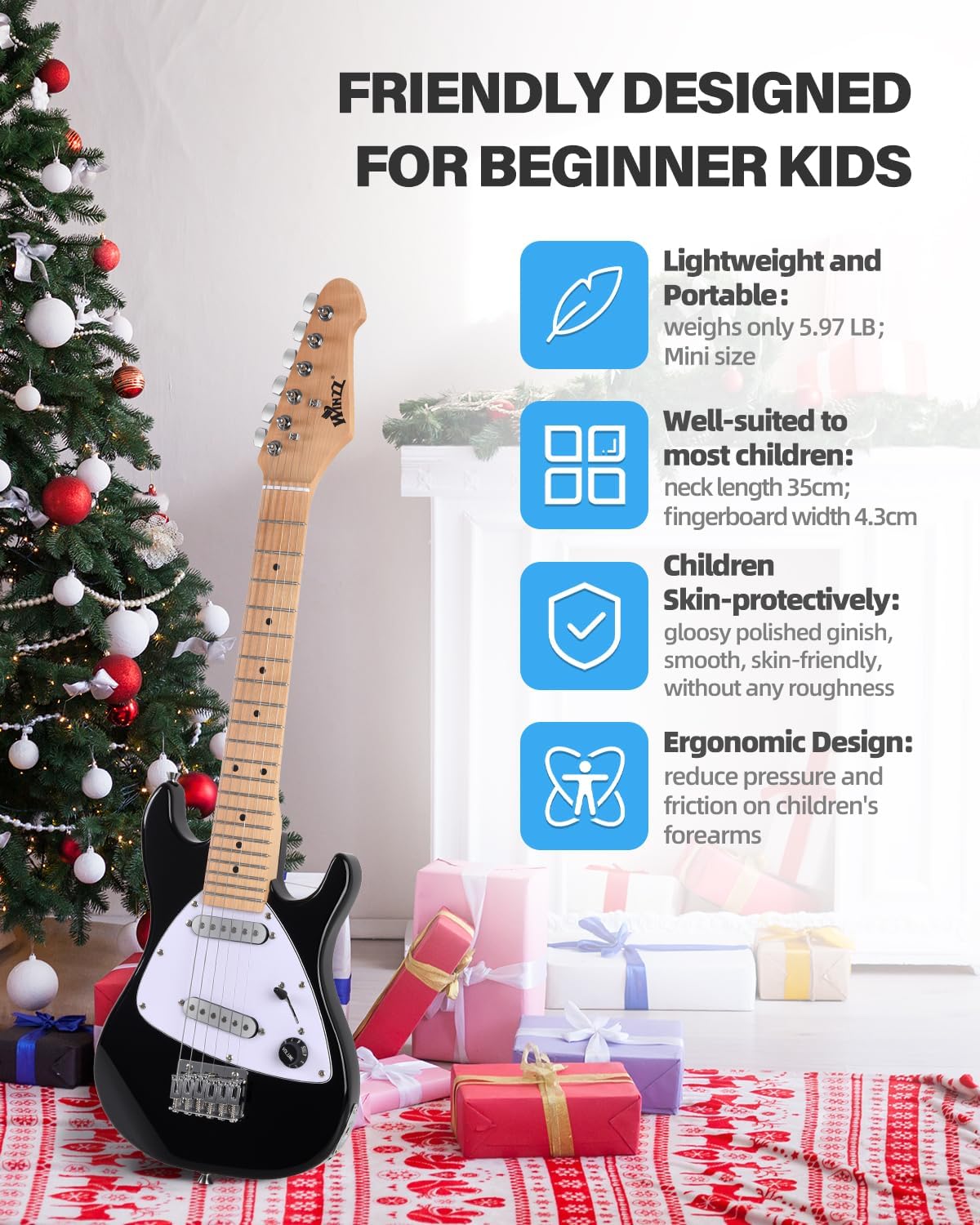 Winzz 30 Inch Kids Elektrische Gitaar Beginner Kit, Junior 1/4 Size Mini Elektrische Gitaar voor Kinderen Complete Stater Set met Amp, Gloosy Zwarte Kleur