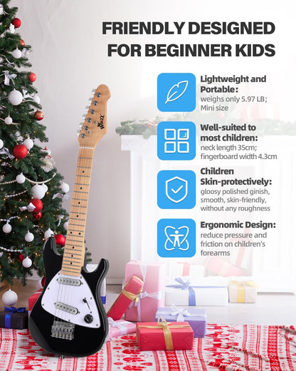 Winzz 30 Inch Kids Elektrische Gitaar Beginner Kit, Junior 1/4 Size Mini Elektrische Gitaar voor Kinderen Complete Stater Set met Amp, Gloosy Zwarte Kleur