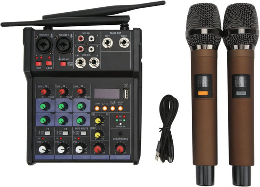 Stereo mixer – Mengpaneel – Audiomixer – Mengtafel – Audiotafel met 2 draadloze microfoons – 4-Kanaals stereo – USB en MP3 ondersteuning