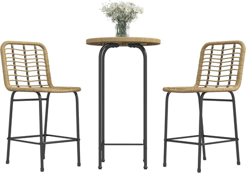 Outsunny Tuinbarset, tuinmeubelen, bistroset, 3-delig, 1 ronde hoge tafel, boho-design + 2 ronde krukken met metalen voetsteun, voor 2 personen, natuurlijk, zwart
