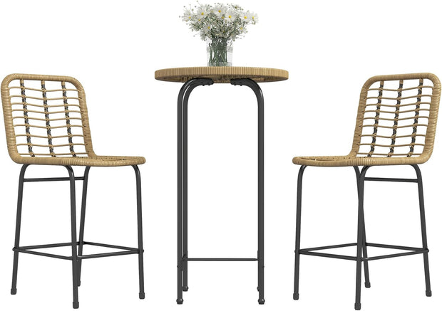 Outsunny Tuinbarset, tuinmeubelen, bistroset, 3-delig, 1 ronde hoge tafel, boho-design + 2 ronde krukken met metalen voetsteun, voor 2 personen, natuurlijk, zwart