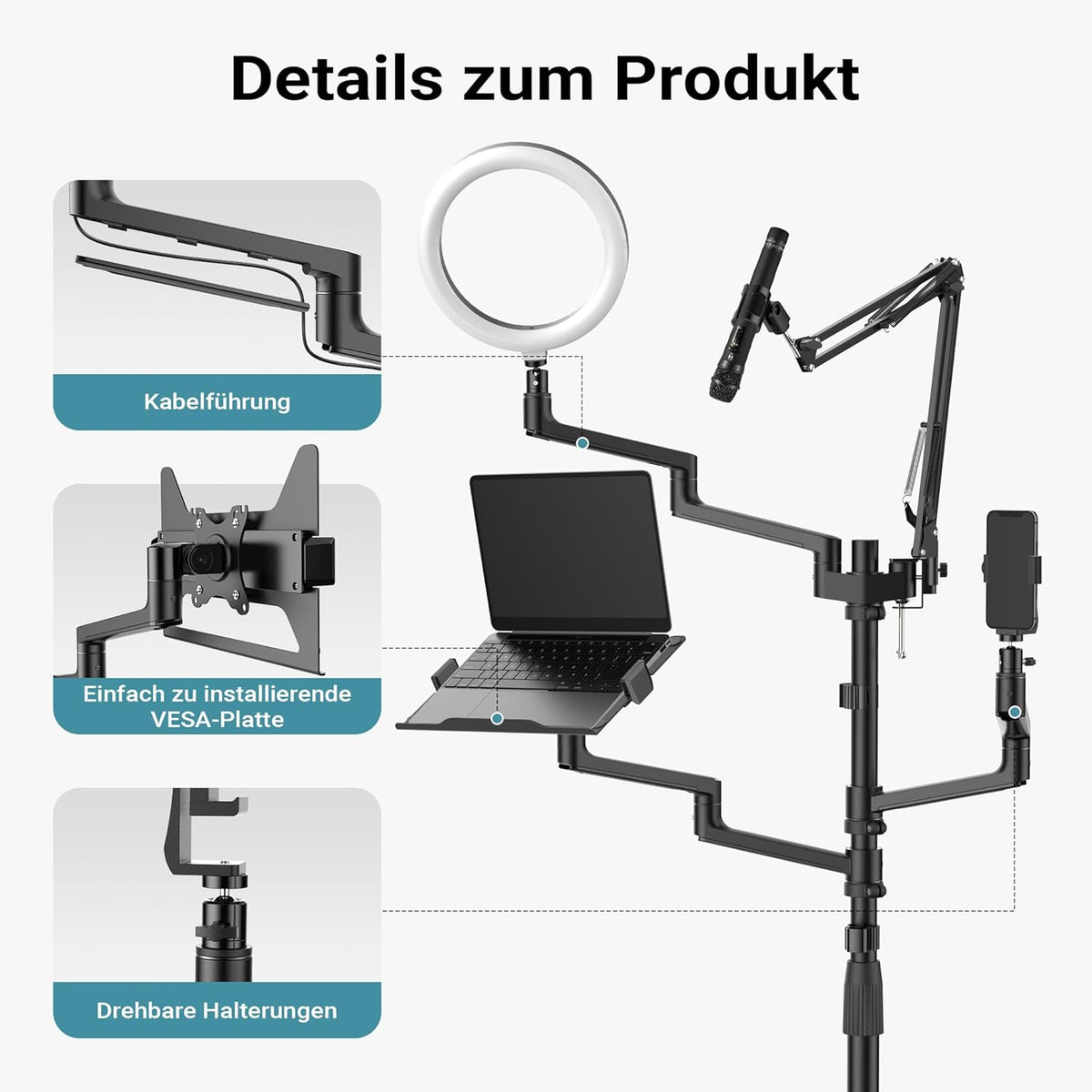 4-In-1 Statief – Camerastatief – Fotostatief – Smartphonehouder – Ringlichtstatief – Op Wielen – Geschikt Voor Schermen 17-32 Inch