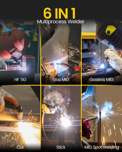 HZXVOGEN 6 in 1 lasmachine en plasmasnijder Combo Gas/Gasloze MIG/Stick/Lift TIG/CUT/Spot 200A Aluminium Lasser Machine 40Amp 220V IGBT Omvormer Max Cut 15mm Multi Proces Lasser