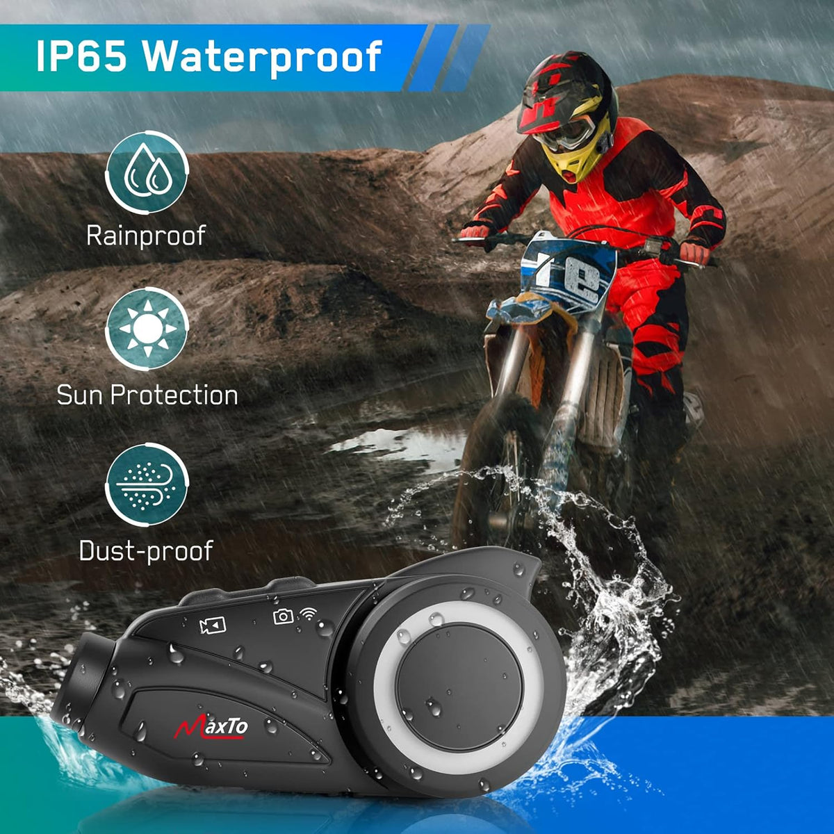 MAXTO Intercom voor motorhelm, bluetooth, met 1080p HD-camera, M3 bijgewerkt, 360 graden verstelbare clip, communicatiesysteem voor 6 motorrijders, 3280 FT, wifi/FM-radio, IP65 waterdicht