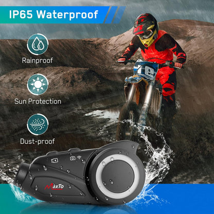 MAXTO Intercom voor motorhelm, bluetooth, met 1080p HD-camera, M3 bijgewerkt, 360 graden verstelbare clip, communicatiesysteem voor 6 motorrijders, 3280 FT, wifi/FM-radio, IP65 waterdicht