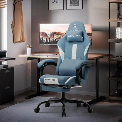 GTPLAYER Gaming Chair, Gamers Chair, Breathable Office Chair Made of High Quality Fabric, Ergonomic PC Chair, Adjustable and Swivel Office Chair with Footrest, Blue - QUORE