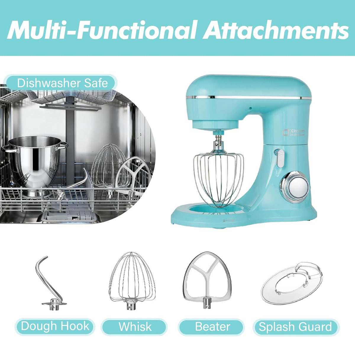 Kitchen in the Box Keukenmachine, 1300 W, 6 liter, deegmachine voor thuisbakken, roermachine met 10 snelheden, met kneedhaken, garde en roerhaken, blauw