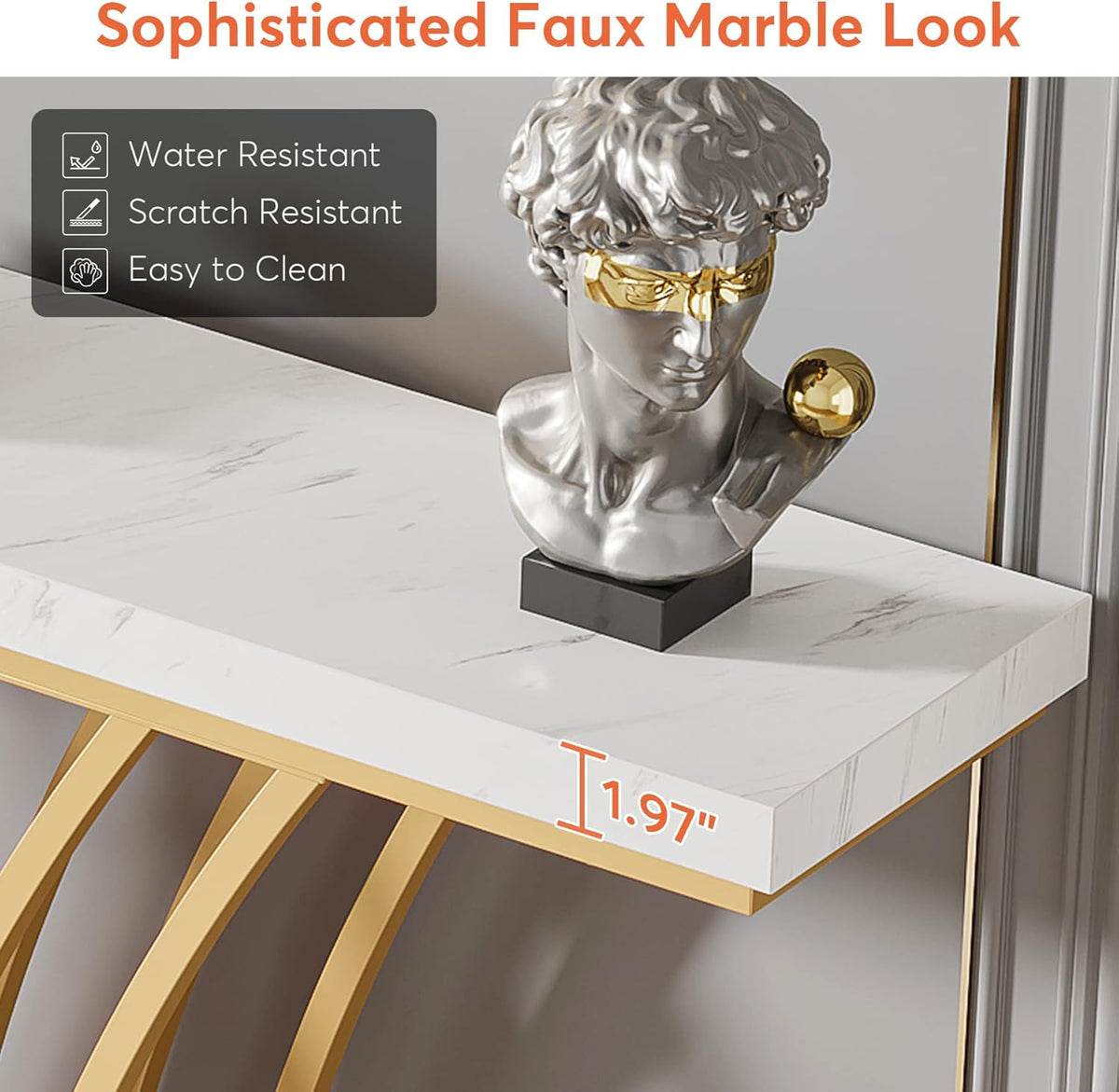 Tribesigns Gold Console Table, 150 x 29.5 x 80 cm Modern Entrance Table with Grid Metal Base for Entrance, Hallway, Front Room, Living Room (White and Gold)