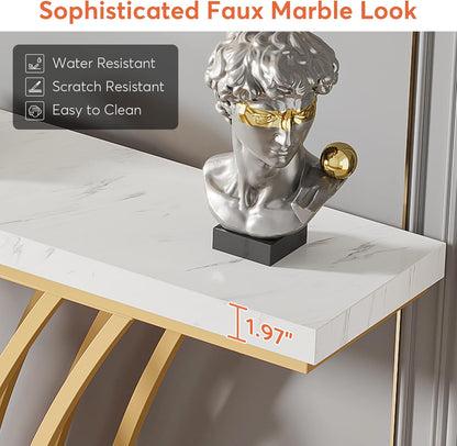 Tribesigns Gold Console Table, 150 x 29.5 x 80 cm Modern Entrance Table with Grid Metal Base for Entrance, Hallway, Front Room, Living Room (White and Gold)