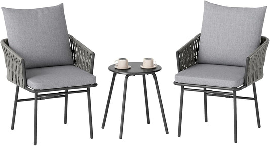 Outsunny 3-tlg. Rattan Bistroset, Sitzgruppe, Gartengarnitur mit 2 Gartensesseln, Couchtisch, abnehmbar Kissen, Balkonmöbel-Set für Garten, Terrasse, Stahl, Grau - QUORE
