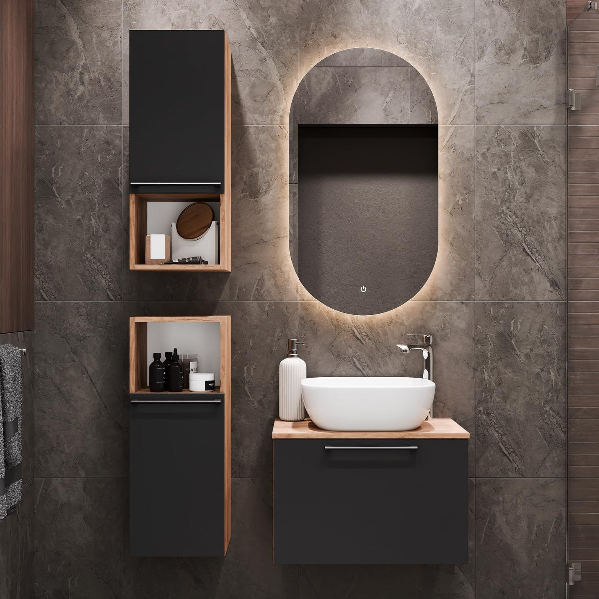 Planetmöbel Astra Bathroom Cabinet Set with Basin Cabinet 60 cm, 2 Midi Cabinets, Gold Oak Anthracite, Sink with Top Edge 42 cm White - QUORE