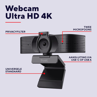 Trust Teza 4K Ultra HD Webcam, 3840x2160, met 2 Microfoons en Autofocus, 30 FPS, USB Plug & Play, Webcam voor Teams, Zoom, Skype, PC, Laptop, Mac, Macbook - Zwart