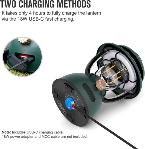 Campinglamp - Kampeerlamp - Retro Stijl LED-lantaarn - Dimbare - Draagbare - met Noodstroombank - USB-C & A Oplaadbaar - voor Buiten - Camping - Noodsituatie - IPX5 Waterdicht - 300Lm - 11200 mAh - Klaverbroen