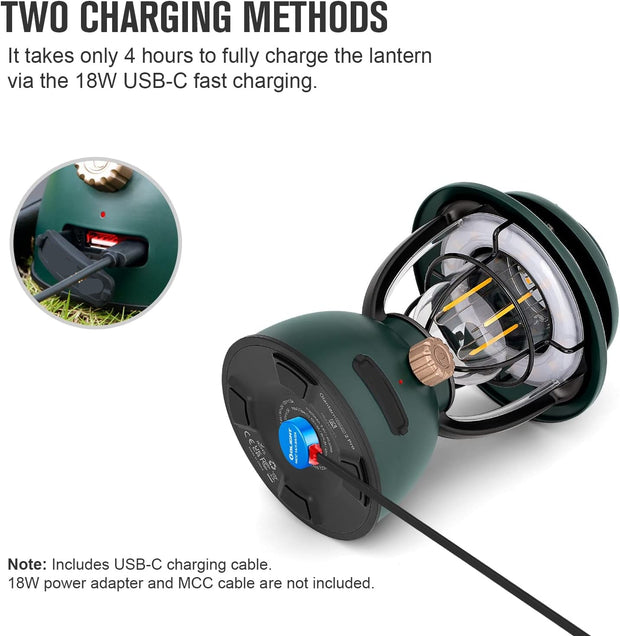 Campinglamp - Kampeerlamp - Retro Stijl LED-lantaarn - Dimbare - Draagbare - met Noodstroombank - USB-C & A Oplaadbaar - voor Buiten - Camping - Noodsituatie - IPX5 Waterdicht - 300Lm - 11200 mAh - Klaverbroen
