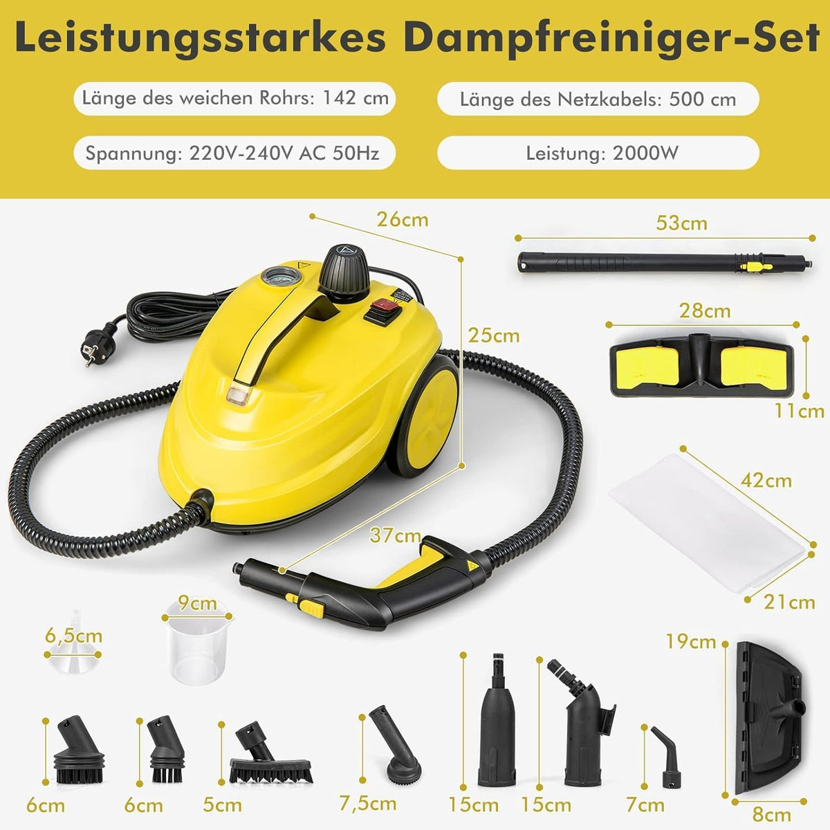 FANTASK 2000 W stoomreiniger incl. 13 accessoires, stoomdruk: max. 5 bar, temperatuur: tot 160 °C, oppervlaktevermogen: 108 m², tank: 1,8 l, opwarmtijd: 8 min
