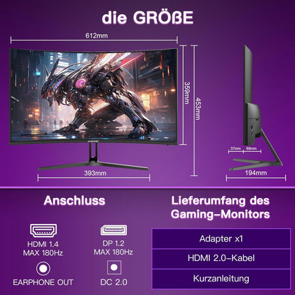 Amzfast Gaming Monitor Curvo 27'' 180 Hz, 1 ms MPRT, AMD FreeSync Premium, HDR10, DCI-P3 90%, Anti-Flicker/Glare, Low Blue Light, 1500R, VESA-bevestiging, HDMI/DP, met HDMI-kabel, AMZG27C1