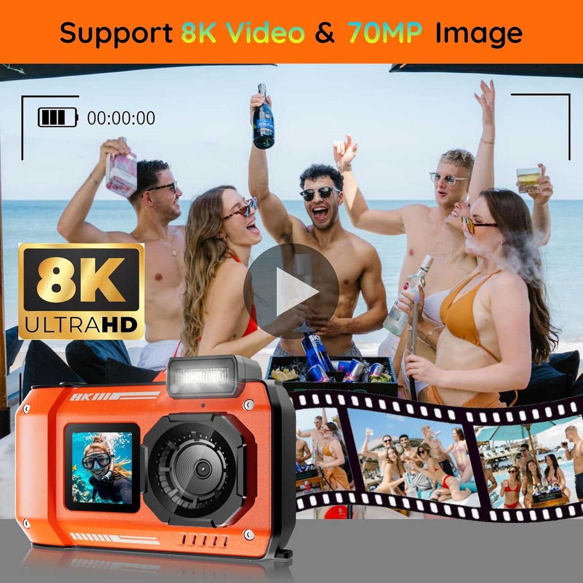 MaxMango Digitale camera, 8K en 33FT onderwatercamera met 64 GB, 2,8 inch dubbele beeldschermen, selfie, waterdicht, stofdicht, schokbestendig, compact, voor kinderen, tieners, beginners