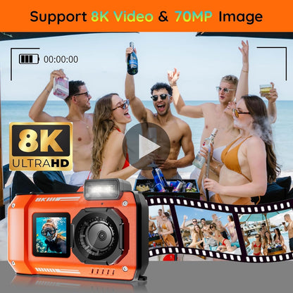 MaxMango Digitale camera, 8K en 33FT onderwatercamera met 64 GB, 2,8 inch dubbele beeldschermen, selfie, waterdicht, stofdicht, schokbestendig, compact, voor kinderen, tieners, beginners