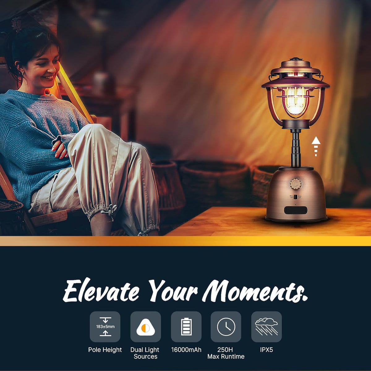Campinglamp - Kampeerlamp - Retro Stijl - Dimbare - Verstelbaar - Draagbare - met Dubbele Lichtbron - Noodstroombank - USB Oplaadbaar - voor Camping - Noodsituatie - IPX5 Waterdicht - 500Lm - 16000 mAh - 12.3 x 22.5 x 12.3 cm - Vintage Koperen Afwerking