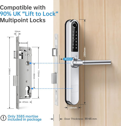 Slanke Vingerafdruk Bluetooth Smart Deurslot met Touchscreen, Vingerafdruk Toetsenbord Kaartsleutels Unlock voor Aluminium Swing Deur (Zilver)