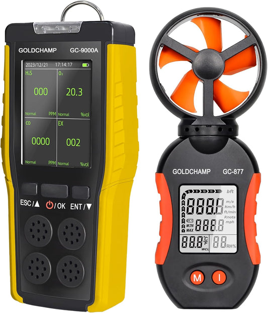4-in-1 gasdetector voor brandbaar/O2/H2S/CO, geluid/licht/trilalarm en lcd-display, gaslek-detectoren voor huis + hand-anemometer, 5 eenheden & ℃/°F schakelaar, windsnelheidsmeter voor HVAC