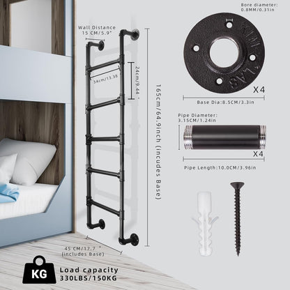 Stapelbed ladder met 5 treden, 15 x 3 m, wandmontage, kelder, raam, fontein, ladder, zwart smeedijzer, industriële buis, step-ladds, metalen binnenladders voor buiten