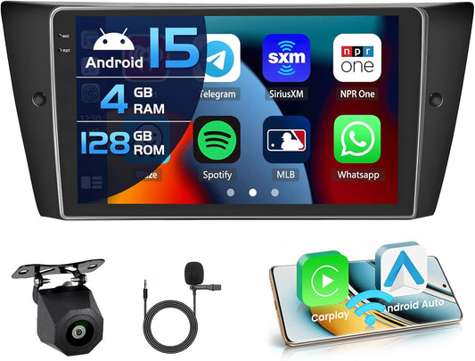 4+128G Car Radio for BMW 3 Series 328i 335i 325i (E90/E91/E92/E93) 2005-2011 Android 15 with 9'' In-Cell Screen with Wireless Carplay and Android Car Mirror Link Radio FM/RDS GPS WIFI - QUORE