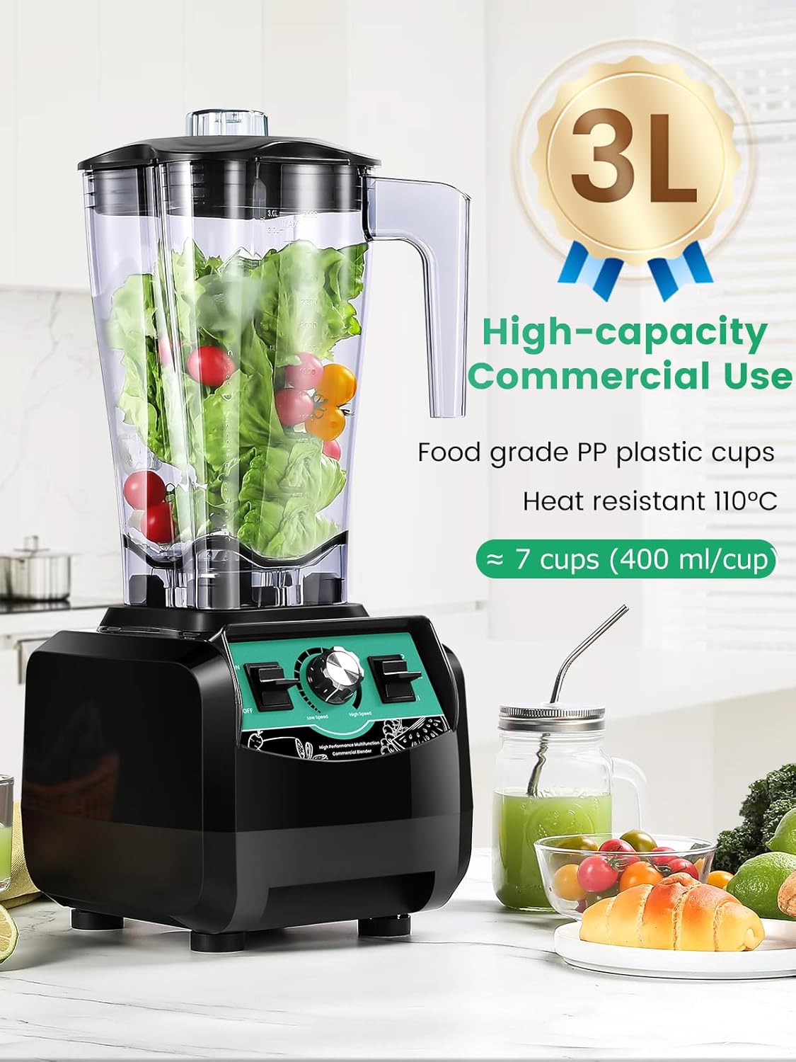 Huanyu Commerciële karafmixer, 3 liter, 2200 W, krachtige mengkraan, multifunctionele citruspers voor het hakken van ijs, fruit, groenten, smoothies, commerciële mixer