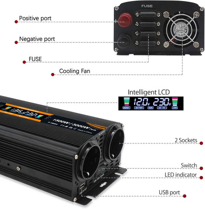 Yinleader converter 12v 220v 1500W /3000W Spanning Converter met USB LCD-scherm
