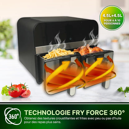 Comfy Nest, CNAFD45WS, 2400 W digitale heteluchtfriteuse met dubbele mand en 9 liter venster, gezond en snel koken, modern design, ideaal voor elke keuken, grijs