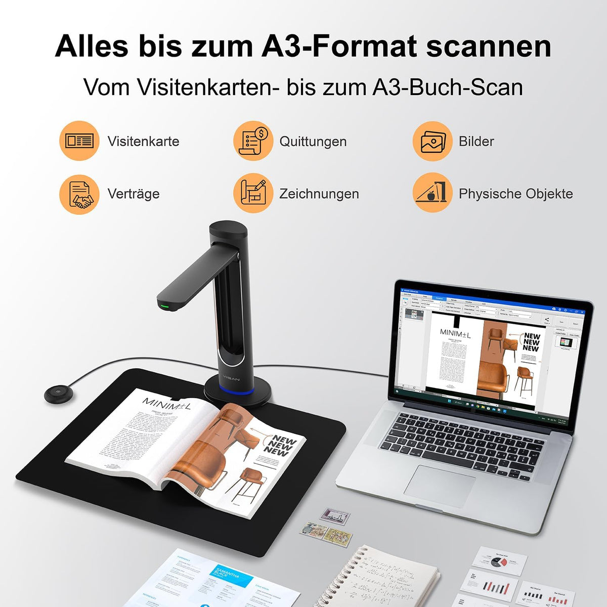 VIISAN K48 A3 Overhead boekscanner – 48 MP sensor, 600 dpi, automatische zijkromming gladmaken, laserpositionering, 4K video, OCR & Text-to-Speech, USB 3.0 documentenscanner voor Windows en macOS