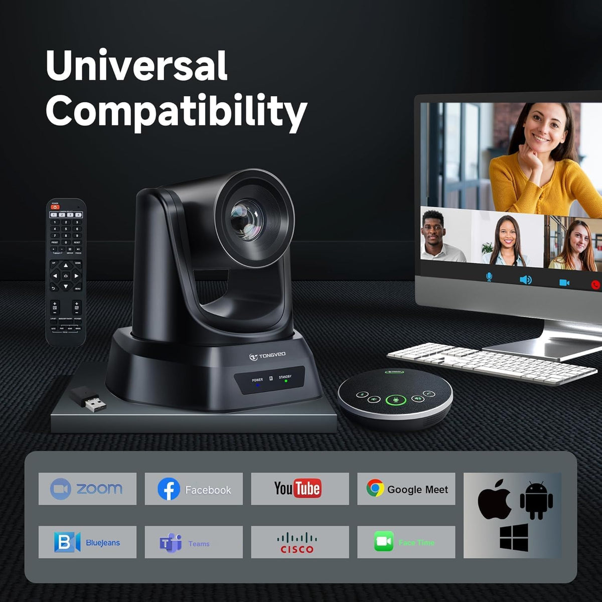 Camerasysteem voor vergaderruimte, draadloos, 5,8 GHz, PTZ-camera 3 x 60 fps met bluetooth-microfoon, bereik van 50 voet, met zoom, Skype, OBS - eenvoudig te installeren en online vergaderingen