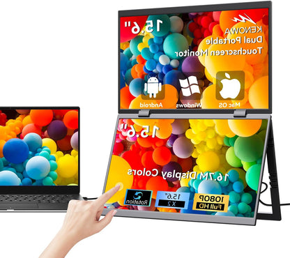 Kenowa Touch Screen Dual Portable Monitor, 15.6 Inches, Foldable Dual Screen, 100% sRGB, IPS Extension, Foldable Monitor with Mini HDMI/USB-C/Speaker, for Laptop/PC/Phone/Mac/PS4/Switch - QUORE